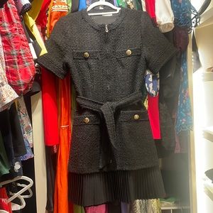 Sandro black tweed dress with pleated skirt